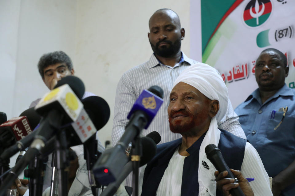 Leading Sudanese opposition figure Sadiq al-Mahdi, Sudan's last democratically elected prime minister, holds a news conference at the Umma Party House in Omdurman, Sudan on Saturday, April 27, 2019. Al-Mahdi said protesters will not break up the sit-in until there is a full transfer of power to civilians. (AP Photo)