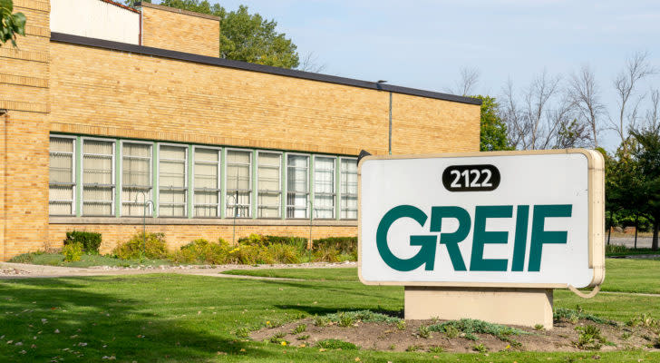 A photo of a Grief Inc. (GEF) sign outside a building.