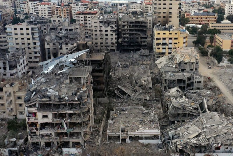 An aerial photo taken by drone on Tuesday shows the destruction in the middle of Gaza City caused by Israeli bombing. Photo by Mustafa Thraya/UPI