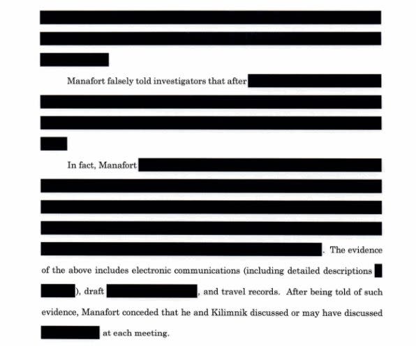 Portions about Manafort's interactions with Kilimnik are heavily redacted. (Photo: Special counsel's office)