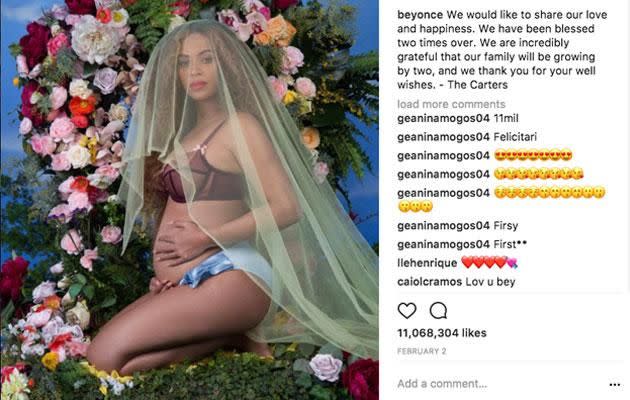 The photo Beyonce shared to announce her pregnancy had a similar floral theme. Source: Beyonce/Instagram