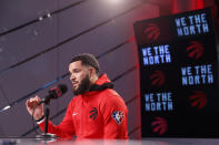 Toronto Raptors' Fred VanVleet speaks to media at Scotiabank Arena during the NBA basketball team's Media Day in Toronto, Monday, Sept. 27, 2021. (Cole Burston/The Canadian Press via AP)