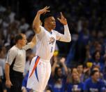 Apr 16, 2016; Oklahoma City, OK, USA; Oklahoma City Thunder guard Russell Westbrook (0) reacts after a made three point shot against the Dallas Mavericks during the first quarter in game one of their first round NBA Playoffs series at Chesapeake Energy Arena. Mandatory Credit: Mark D. Smith-USA TODAY Sports