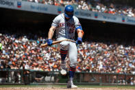 Pete Alonso #20 of the New York Mets breaks his bat over his knee after striking out against the San Francisco Giants during the third inning at Oracle Park on July 21, 2019 in San Francisco, California. (Photo by Jason O. Watson/Getty Images)