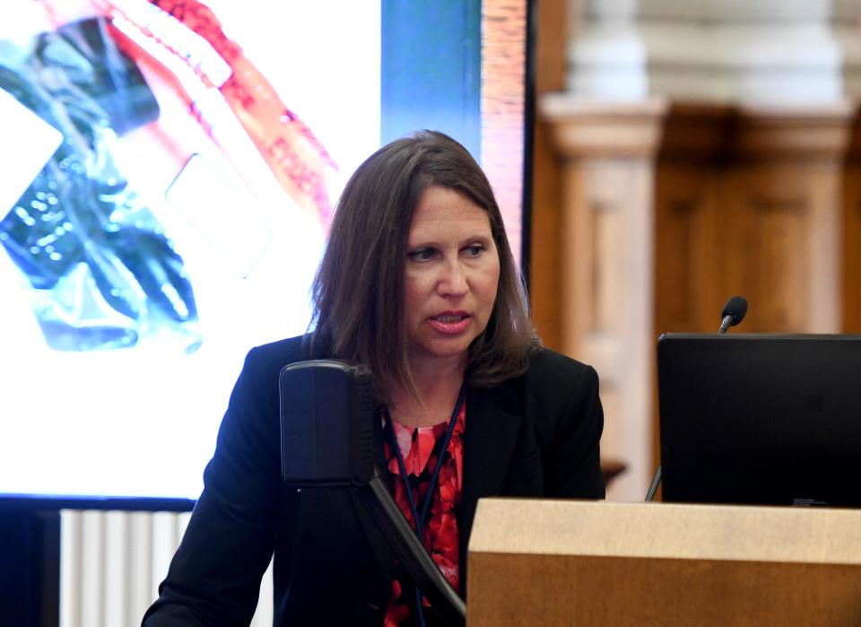 Stark County Assistant Prosecutor Margaret A. Scott presents evidence Tuesday in the trial of Errol G. Frank III in Stark County Common Pleas Court. Frank faces felony charges of murder, felonious assault and tampering with evidence with gun specifications in the death of Melvin Stevenson in March.