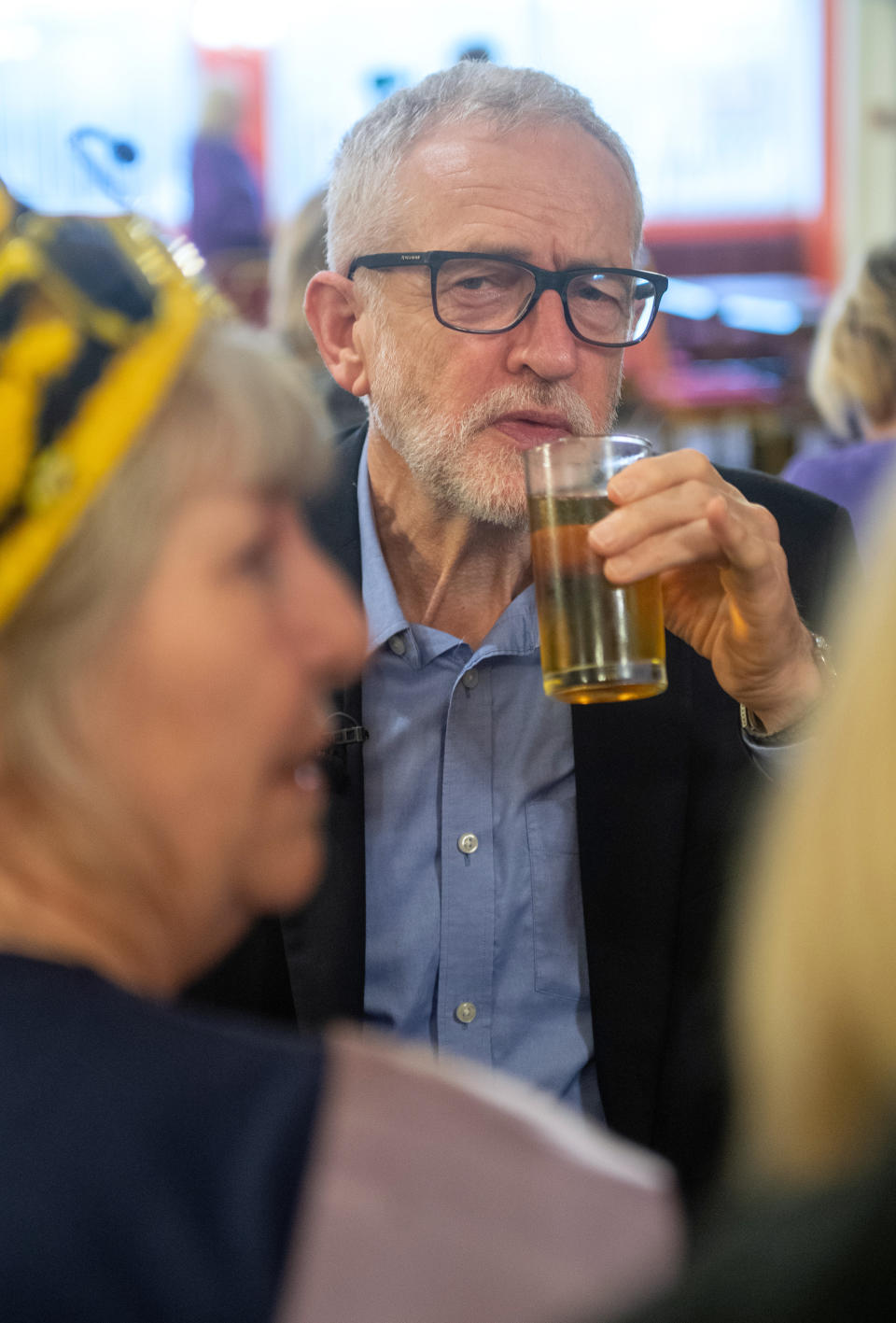 Labour Party leader Jeremy Corbyn drinks an energy drink as he speaks with a group of WASPI (Women against state pension inequality) supporters during a visit to the Renishaw Miners Welfare, in Renishaw, Sheffield, whilst on the General Election campaign trail.