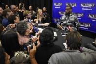 Feb 12, 2016; Toronto, Ontario, Canada; Eastern Conference forward LeBron James of the Cleveland Cavaliers (23) speaks during media day for the 2016 NBA All Star Game at Sheraton Centre. Bob Donnan-USA TODAY Sports