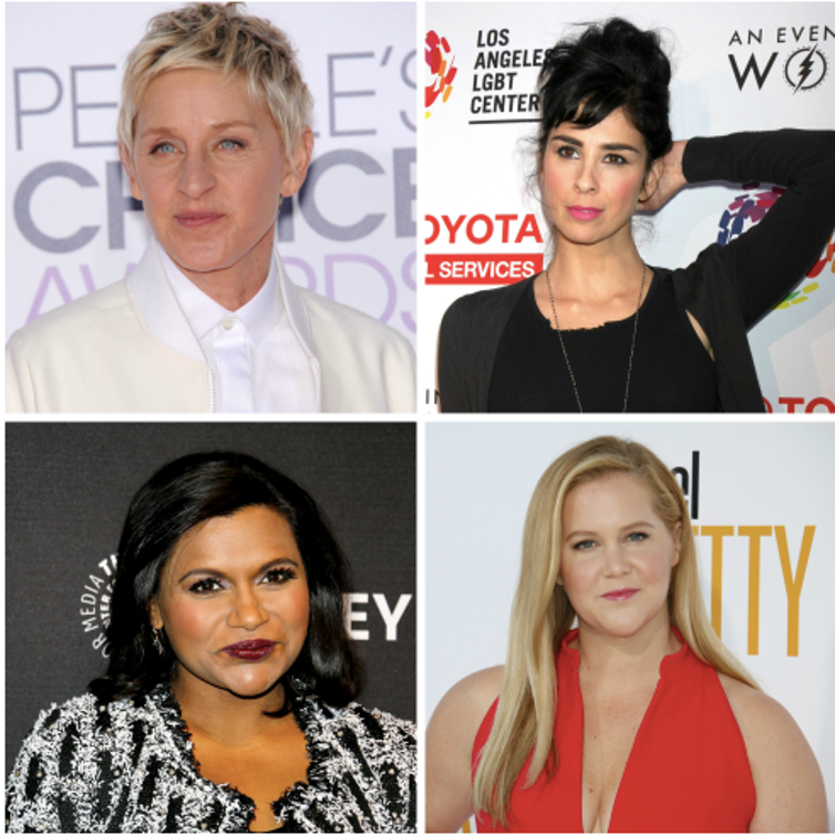 <span class="caption">From top left, Ellen DeGeneres, Sarah SilverMan, Mindy Kaling and Amy Schumer.</span> <span class="attribution"><a class="link " href="https://www.shutterstock.com/download/success?u=http%3A%2F%2Fdownload.shutterstock.com%2Fgatekeeper%2FW3siZSI6MTUyNTIxNTk2NSwiYyI6Il9waG90b19zZXNzaW9uX2lkIiwiZGMiOiJpZGxfMjc5MTY1NTUxIiwiayI6InBob3RvLzI3OTE2NTU1MS9odWdlLmpwZyIsIm0iOjEsImQiOiJzaHV0dGVyc3RvY2stbWVkaWEifSwibGpXaExrdldjZzZ3anBmOWxSQ2tmUnRWeUU0Il0%2Fshutterstock_279165551.jpg&pi=33421636&m=279165551&src=R8pV88ZRggdoiPff8uDqKw-1-1" rel="nofollow noopener" target="_blank" data-ylk="slk:Shutterstock;elm:context_link;itc:0;sec:content-canvas">Shutterstock</a></span>