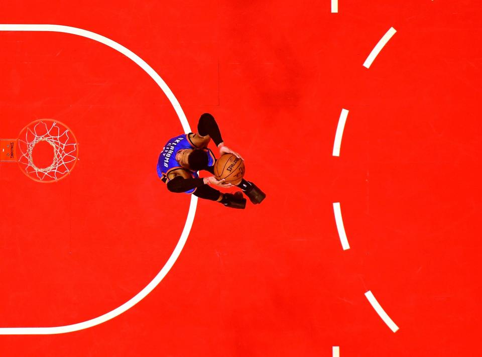 Russell Westbrook, in flight. (Harry How/Getty Images)