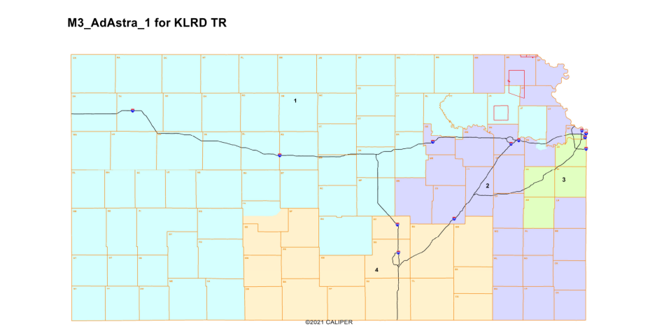 A copy of the Congressional map proposed Tuesday by House and Senate Republicans, dubbed "Ad Astra." It quickly got pushback from Democrats for a range of factors, including its inclusion of Lawrence in the 1st Congressional District.