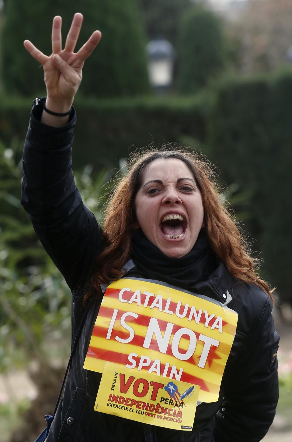 A pro-independence protestor shouts in front of Catalonia's regional parliament as lawmakers voted inside, in Barcelona, January 16, 2014. Local lawmakers in the northeastern Spanish region of Catalonia voted to seek a referendum on breaking away from Spain on Thursday, setting themselves up for a battle with an implacably opposed central government in Madrid. The Catalan Parliament in Barcelona voted 87 to 43, with 3 abstentions, to send a petition to the national parliament seeking the power to call a popular vote on the region's future. The independence movement in Catalonia, which has its own language and represents a fifth of Spain's national economy, is a direct challenge to Prime Minister Mariano Rajoy, who has pledged to block a referendum on constitutional grounds. REUTERS/Albert Gea (SPAIN - Tags: POLITICS CIVIL UNREST)