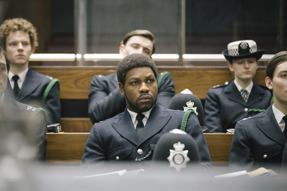 This image released by Amazon Studios shows John Boyega in a scene from "Small Axe." Boyega accepted the award for best supporting actor in a television series for the role at the Golden Globe awards on Sunday, Feb. 28, 2021. (Amazon Studios via AP)