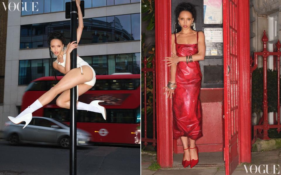 FKA Twigs swings on a pole and poses inside a red telephone box in Vogue's April issue