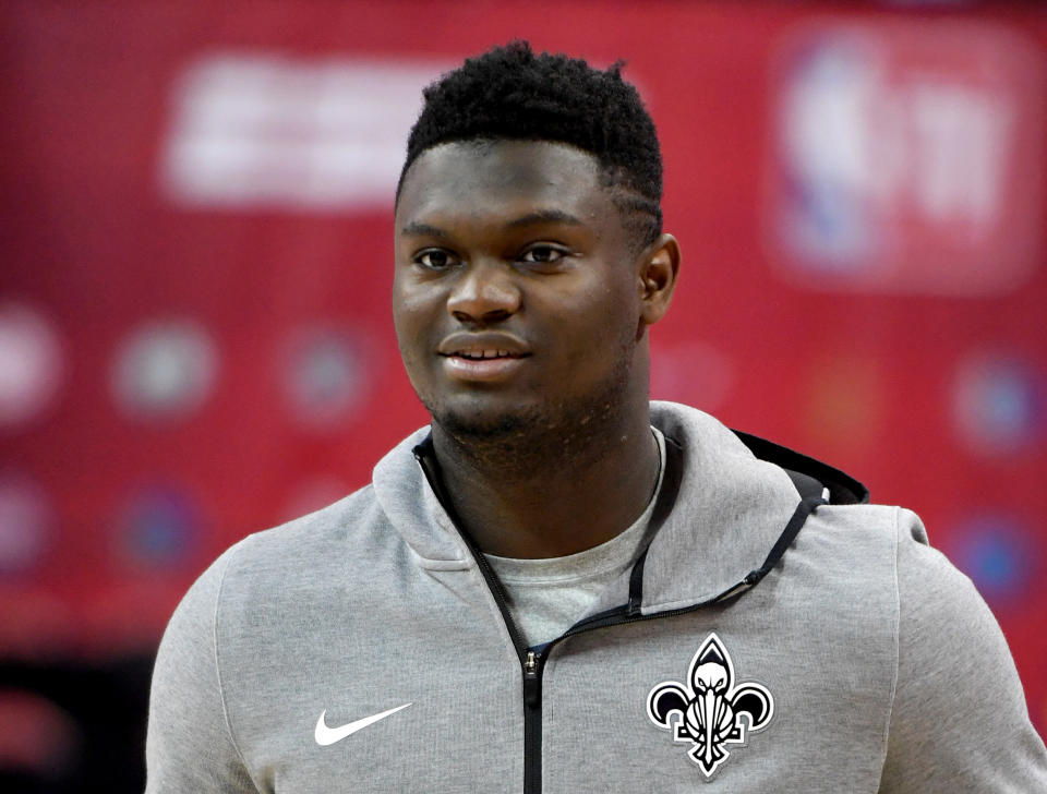 Zion Williamson gave Saints fans a moment to dream of what-if while playing catch with Drew Brees. (Getty)