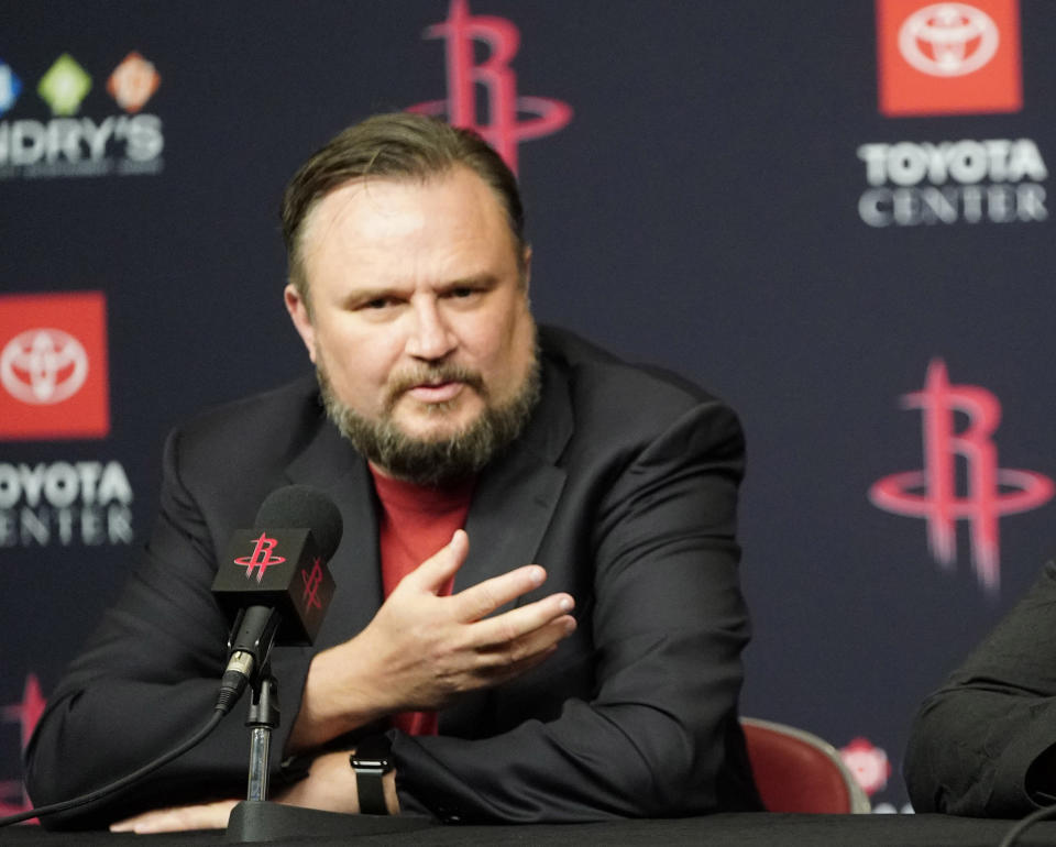 FILE - This is a July 26, 2019, file photo showing Houston Rockets General Manager Daryl Morey during an NBA basketball news conference in Houston. Rockets general manager Daryl Morey is stepping down on his own accord, a person familiar with the decision told The Associated Press. The person spoke on condition of anonymity Thursday, Oct. 15, 2020, because the move hasn’t been announced. (AP Photo/David J. Phillip, File)