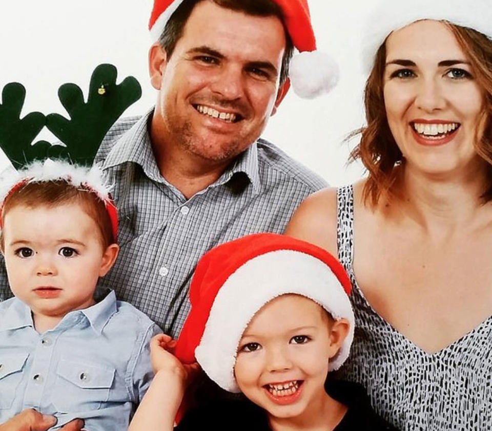 Mrs Arkadieff, 37, from Brisbane with her husband Murray and two sons Jimmy, 3, and Sammy, 5. Source: For The Love of Helen