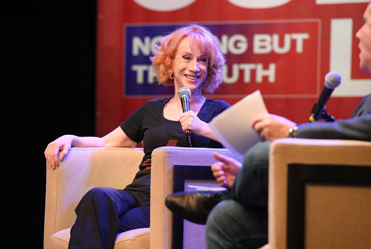 : Comedian Kathy Griffin speaks at "Mea Culpa Live with Michael Cohen" at El Rey Theatre on November 01, 2022 in Los Angeles, California.