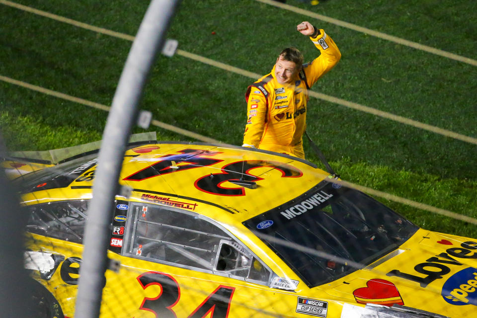 DAYTONA, FL - FEBRUARY 14: Michael McDowell, driver of the #34 Front Row Motorsports Loves Travel Stops Ford Mustang, wins the Daytona 500 on February 14, 2021 at Daytona International Speedway in Daytona Beach. Fl. (Photo by David Rosenblum/Icon Sportswire via Getty Images)