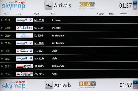 A screen showing arrival details of Malaysia Airlines flight MH17 (4th from top) is seen at Kuala Lumpur International Airport in Sepang July 18, 2014. REUTERS/Samsul Said