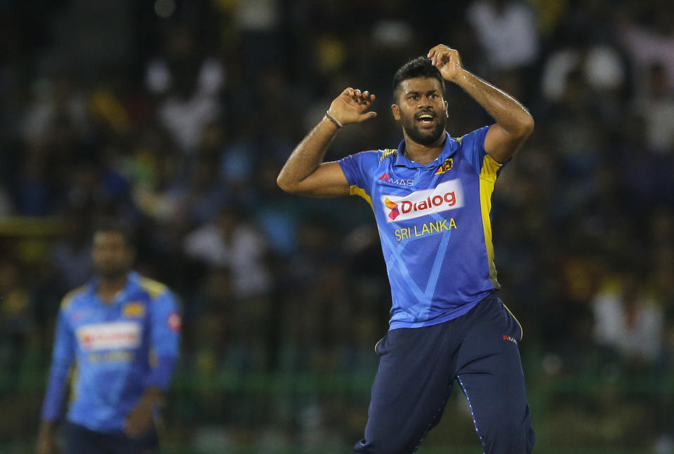 Sri Lankan bowler Lahiru Kumara reacts after delivering a ball during the third one-day international cricket match between Sri Lanka and Bangladesh in Colombo, Sri Lanka, Wednesday, July 31, 2019. (AP Photo/Eranga Jayawardena)