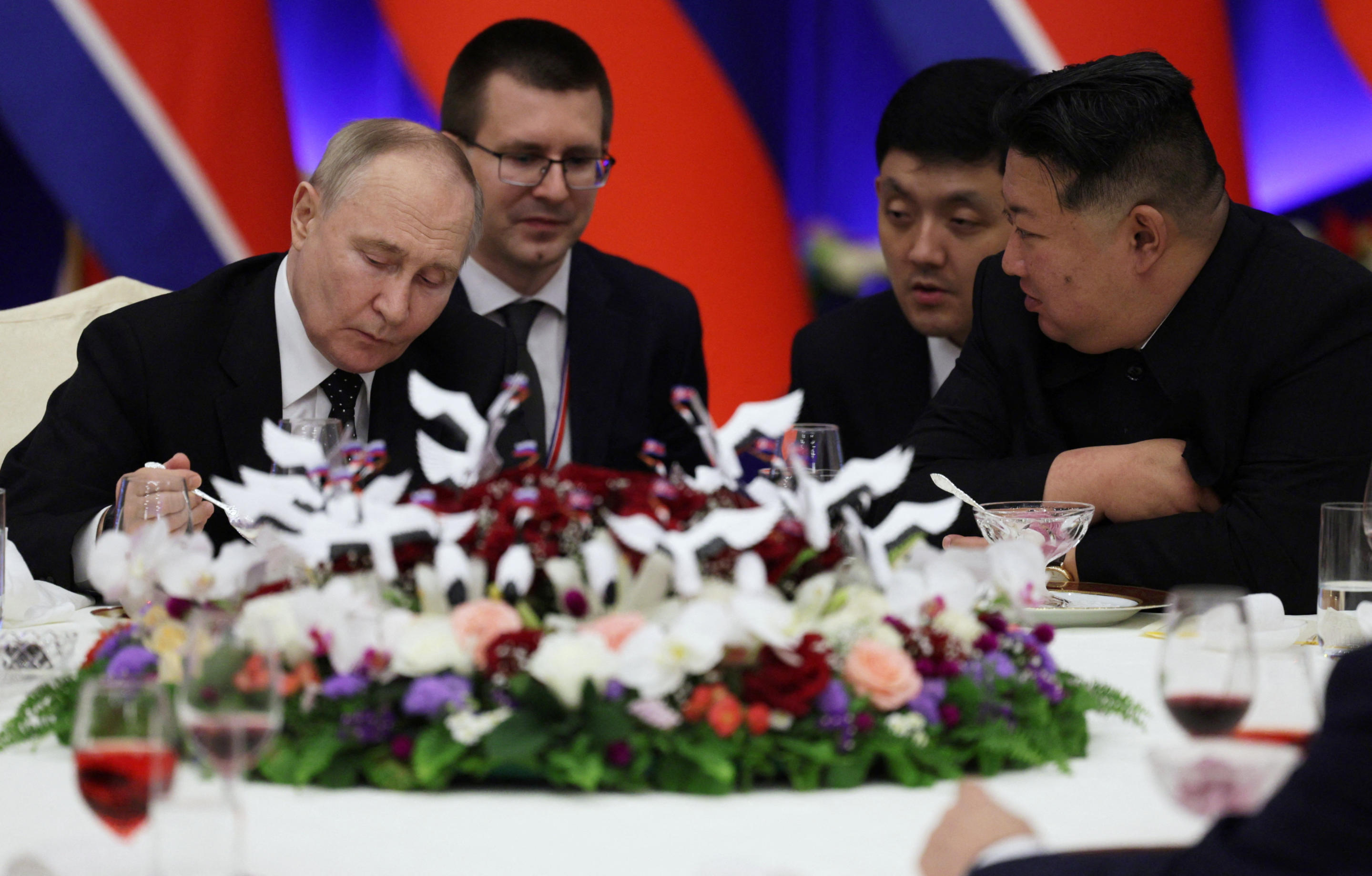 Russia's President Vladimir Putin and North Korea's leader Kim Jong Un attend a state reception in Pyongyang, North Korea June 19, 2024. (Gavriil Grigorov/Pool via Reuters)