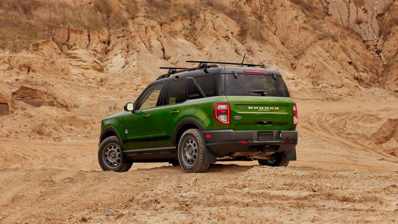 A photo of the rear end on a green Ford Bronco Sport. 