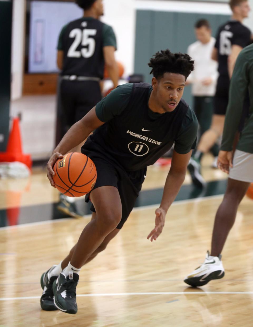 Michigan State guard A.J. Hoggard goes through drills during practice on Thursday, Oct. 20, 2022 at the Breslin Center.