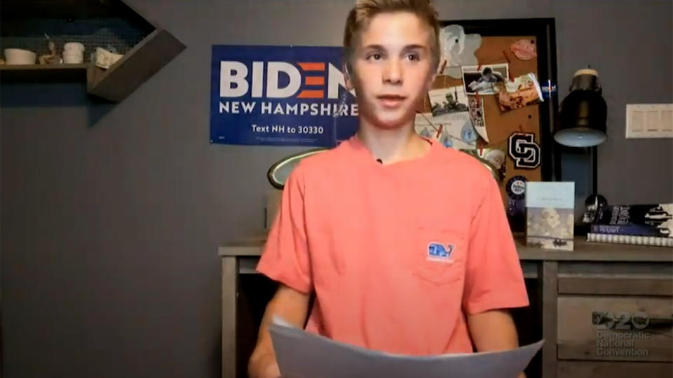 Braydon Harrington speaks during the virtual Democratic National Convention on August 20, 2020. (via Reuters TV)