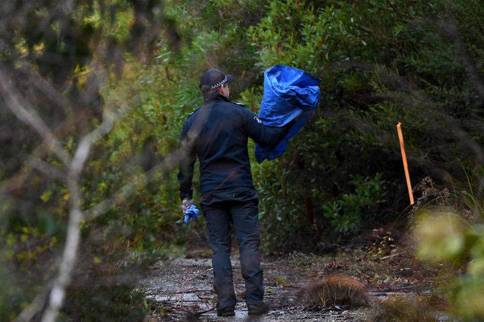 A Police officer carries a blue tarp in Marysville, Victoria, Monday, July 15, 2019. The search continues for Poshik Sharma, who has been missing after an argument with friends in Marysville. 