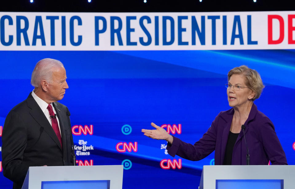 Sen. Elizabeth Warren and former Vice President Joe Biden at the fourth Democratic presidential candidates debate in Westerville, Ohio, on Oct. 15. (Photo: Shannon Stapleton / Reuters)