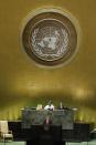 Guatemala's President Jimmy Morales addresses the 74th session of the United Nations General Assembly, Wednesday, Sept. 25, 2019, at the United Nations headquarters. (AP Photo/Frank Franklin II)