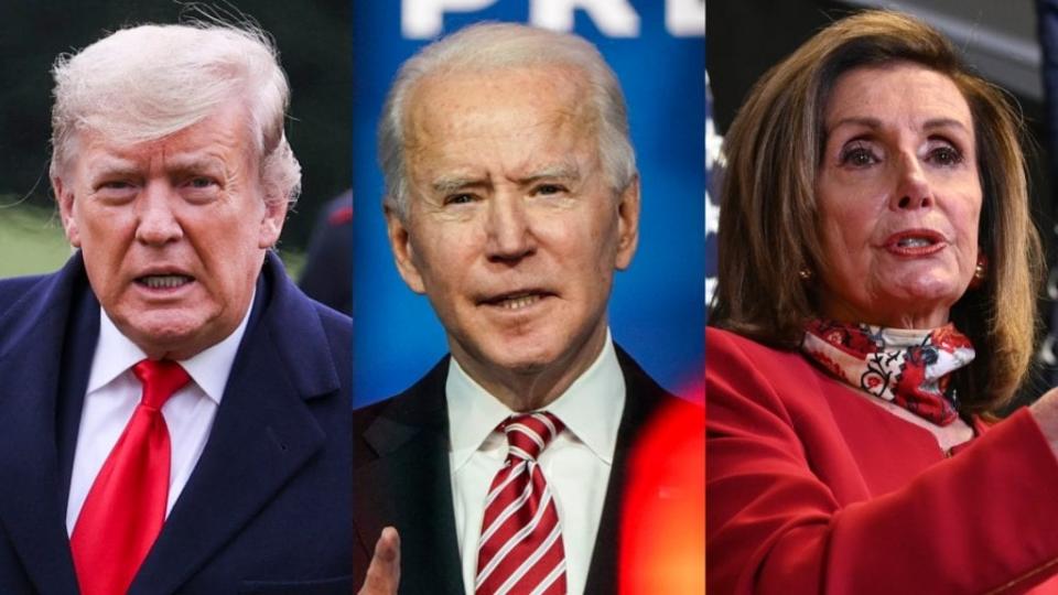 Will President Donald Trump’s attempt to wrest a won presidency from newly-elected Joe Biden find some serious resistance from House Speaker Nancy Pelosi this week? We’ll certainly know soon. (Photos by Tasos Katopodis/Getty Images, Joshua Roberts/Getty Images and by Erin Scott – Pool/Getty Images)