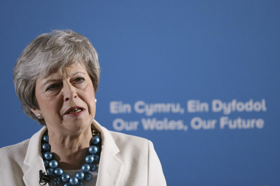 Britain's Prime Minister Theresa May speaks at the Welsh Conservative party conference at Llangollen Pavilion, Llangollen, Wales, Friday May 3, 2019. Britain's main Conservative and Labour parties took a hammering in local elections as Brexit-weary voters expressed frustration over the country's stalled departure from the European Union.(Aaron Chown/PA via AP)