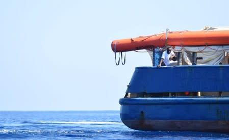 The migrant search and rescue ship Sea-Watch 3 carrying stranded migrants, sails near the island of Lampedusa