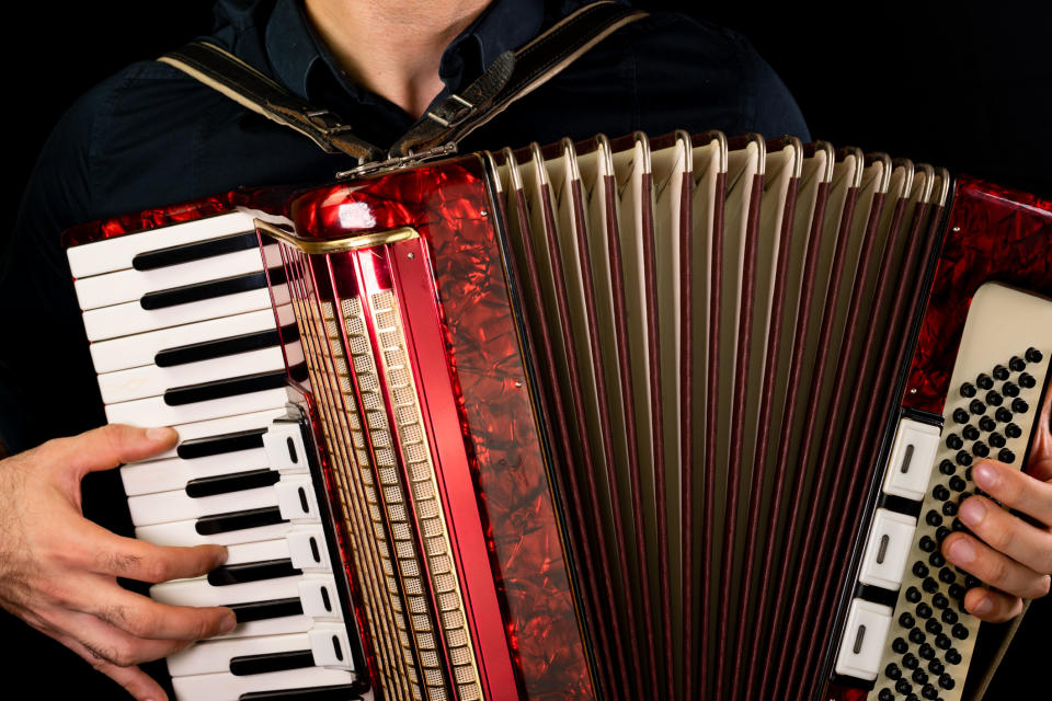 A person playing an accordion, showing both hands pressing the keys and buttons on the instrument