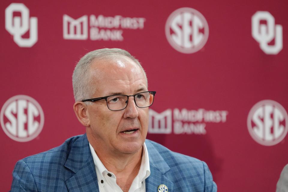 SEC Commissioner Greg Sankey speaks during a press conference before a
celebration for OU joining the Southeastern Conference at Gaylord
Family-Oklahoma Memorial Stadium in Norman, Okla., Monday, July 1, 2024.