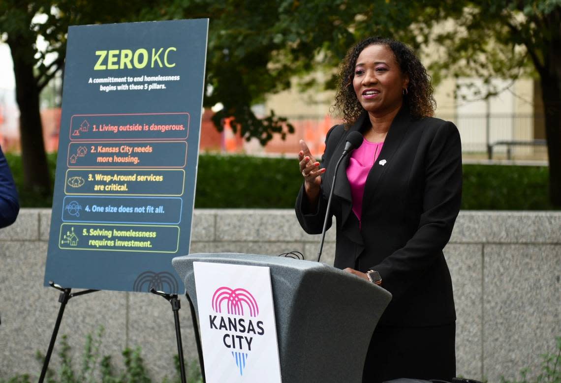 Kansas City Councilwoman Ryana Parks Shaw, District 5, presents the city’s new strategic plan to end homelessness, called Zero KC, outside City Hall on Thursday, Sept. 22, 2022.