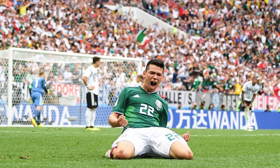 Hirving Lozano of Mexico celebrates scoring the winner against Germany in their opening Group F game.