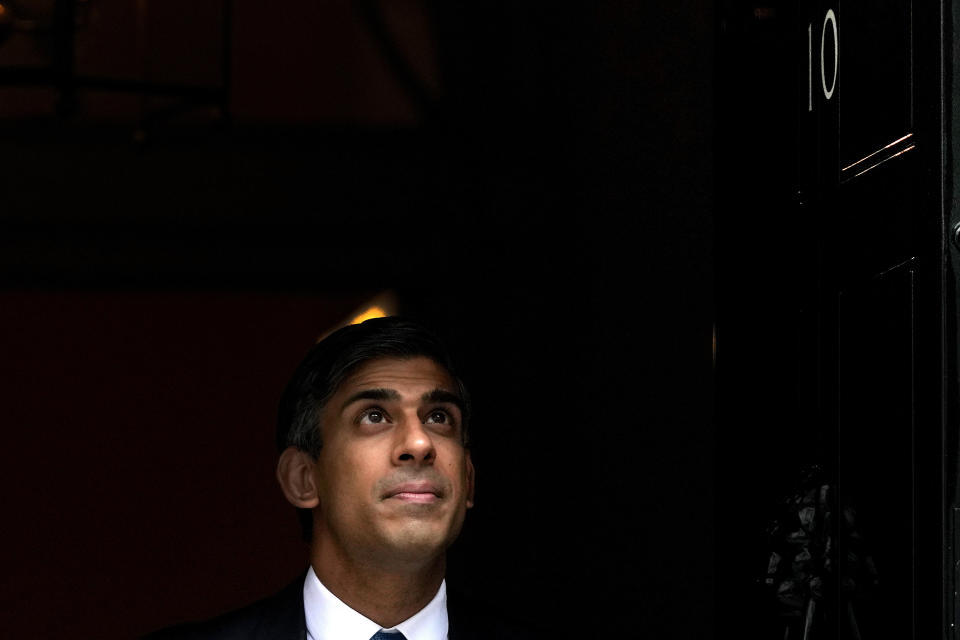 FILE - Britain's Prime Minister Rishi Sunak leaves 10 Downing Street to attend the weekly Prime Ministers' Questions session in parliament in London, Wednesday, July 19, 2023. (AP Photo/Frank Augstein, File)