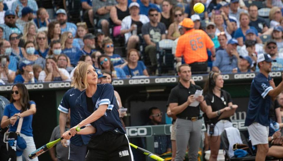 Kansas Citian Heidi Gardner of “Saturday Night Live” swings at a pitch during the Big Slick softball game. She went on to score a run.