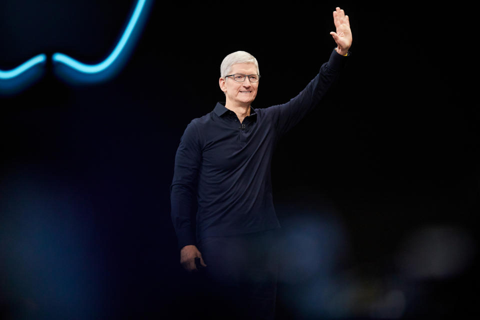 Apple CEO Tim Cook during the company's 2019 WWDC keynote presentation.