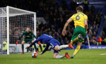 Soccer Football - FA Cup Third Round Replay - Chelsea vs Norwich City - Stamford Bridge, London, Britain - January 17, 2018 Norwich City's Christoph Zimmermann in action with Chelsea’s Alvaro Morata Action Images via Reuters/Peter Cziborra