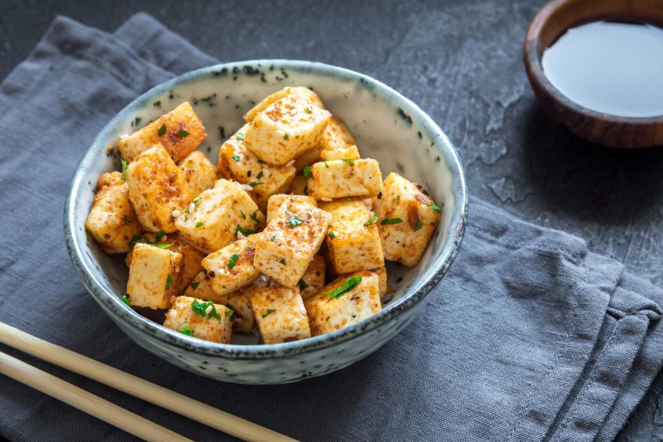 <p>Tofu is one of the cheapest and most malleable protein ingredients. This soy-based protein takes on the flavor of any marinade, comes in a variety of textures, and can’t be over or undercooked. A 3-ounce serving has 9 grams of protein and 90 calories, along with fiber, iron, and calcium if it’s fortified.</p><p><strong>Power up your protein: </strong>If you’ve had unappetizing tofu in the past, try these <a rel="nofollow noopener" href="https://www.rachaelhartleynutrition.com/blog/vietnamese-tofu-lettuce-wraps" target="_blank" data-ylk="slk:Vietnamese tofu lettuce wraps;elm:context_link;itc:0;sec:content-canvas" class="link ">Vietnamese tofu lettuce wraps</a> from Rachael Hartley Nutrition for a total game changer. Craving takeout instead? This <a rel="nofollow noopener" href="https://www.prevention.com/food-nutrition/recipes/a23031258/sweet-sticky-tofu-noodle-bowl-recipe/" target="_blank" data-ylk="slk:sweet and sticky tofu noodle bowl;elm:context_link;itc:0;sec:content-canvas" class="link ">sweet and sticky tofu noodle bowl</a> will get the job done.</p>