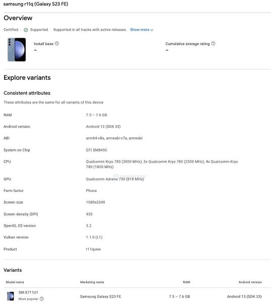 A Google Play Console listing for the Galaxy S23 FE with a Snapdragon 8 Gen 2 SoC.