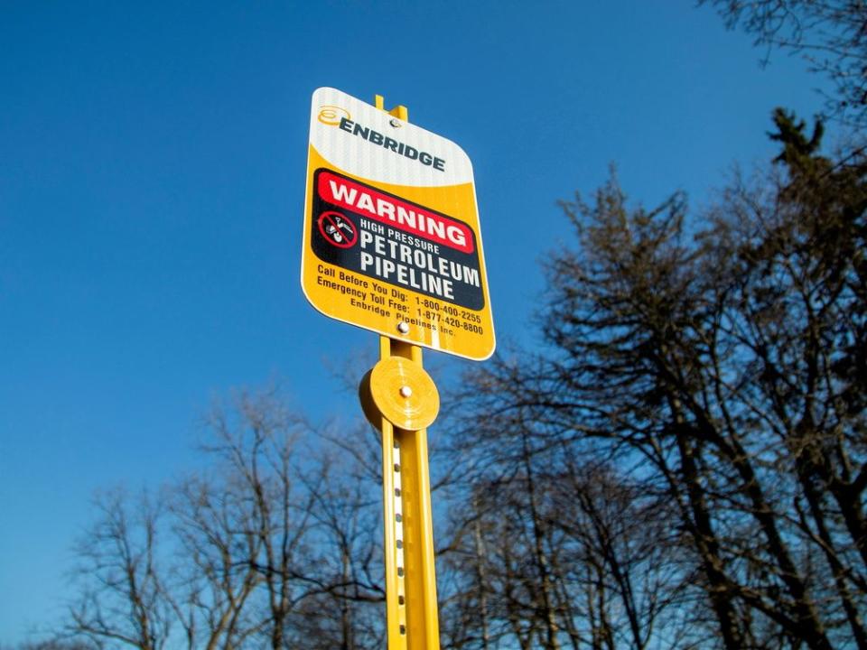 FILE PHOTO: A signpost marks the presence of Enbridge's Line 5 pipeline, in Sarnia