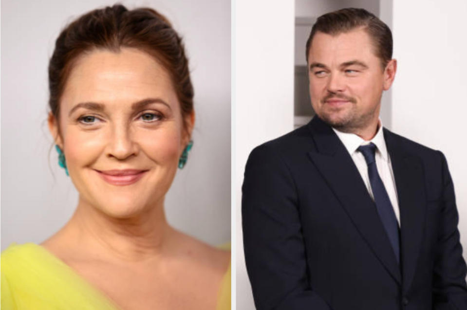 left: Drew Barrymore at the 2021 CFDA Fashion Awards on November 10, 2021, right: Leonardo DiCaprio at the New York City premiere of "Don't Look Up"