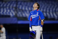 South Korea's Kunwoo Park reacts after striking out during the fourth inning of a semi-final baseball game against the United States at the 2020 Summer Olympics, Thursday, Aug. 5, 2021, in Yokohama, Japan. (AP Photo/Sue Ogrocki)