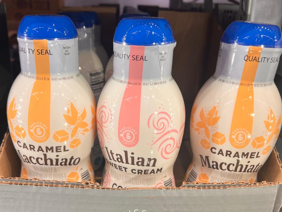 Caramel-macchiato and Italian-sweet-cream coffee creamers at Aldi