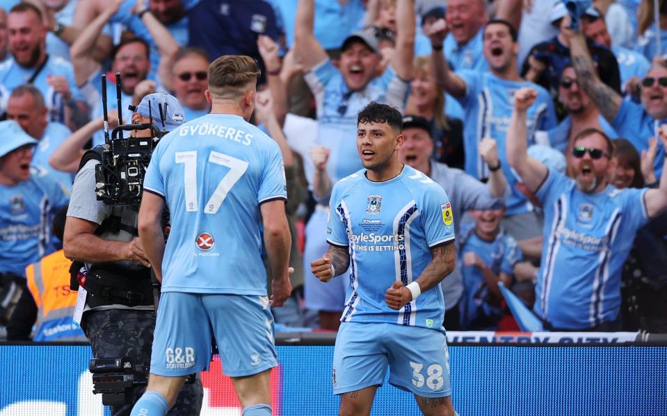 Gustavo Hamer of Coventry City celebrates with teammate Viktor Gyokeres after scoring the team's second goal during the Sky Bet Championship Play-Off Final between Coventry City and Luton Town at Wembley Stadium - Getty Images/Alex Pantling