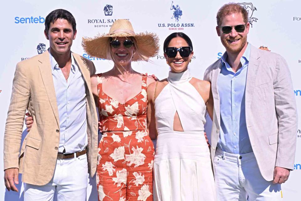 <p>Jason Koerner/Getty</p> From left: Nacho Figueras, Delfina Blaquier, Meghan Markle and Prince Harry attend the Royal Salute Polo Challenge in Florida on April 12, 2024